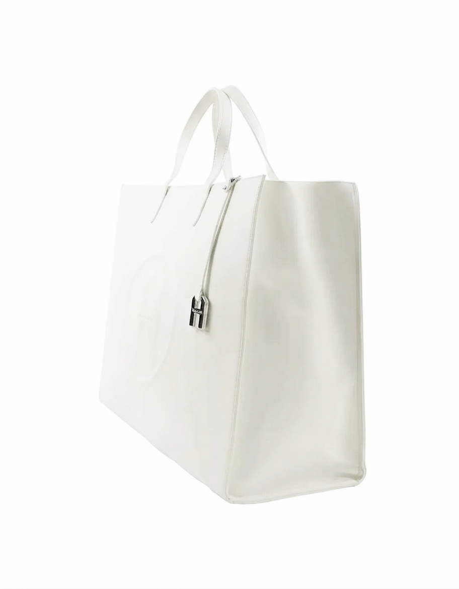 A white leather tote bag with double top handles and a silver padlock detail on the front, shown against a plain white background.