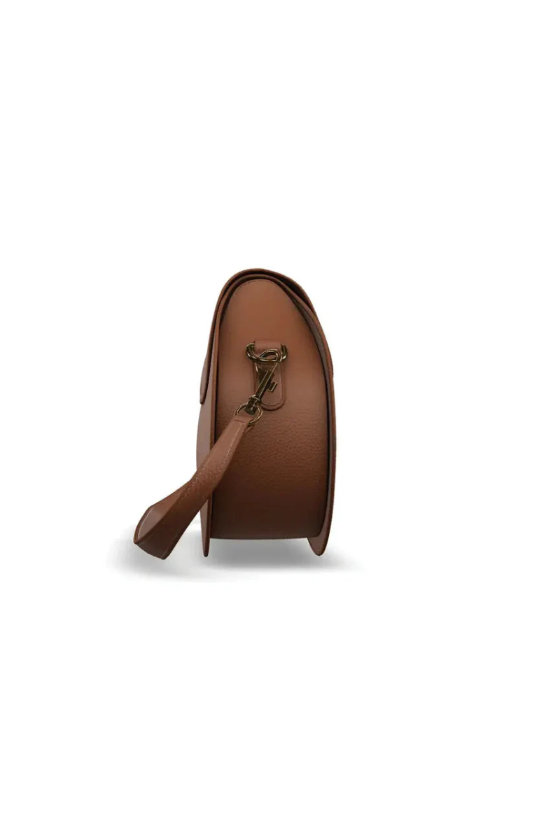 Brown leather handbag with a strap on a white background