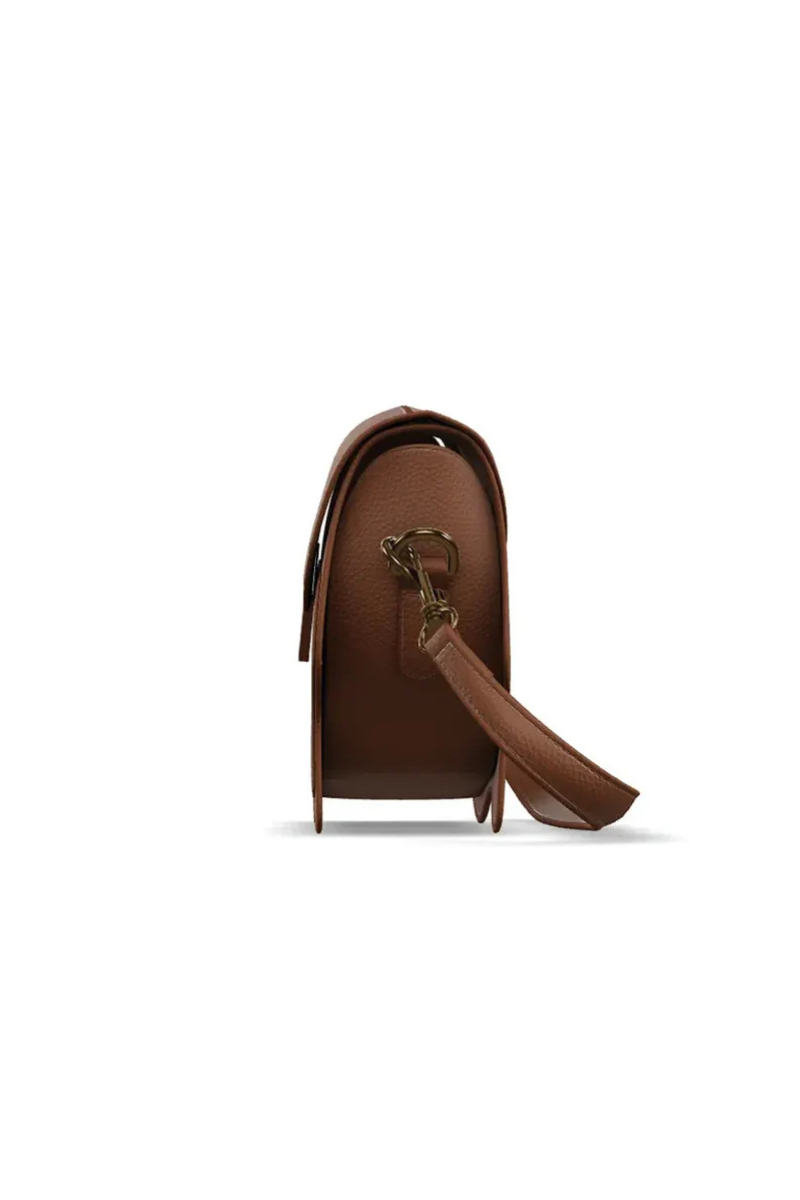 Brown leather handbag with a strap on a white background