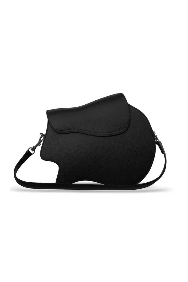 Black saddle bag on a white background