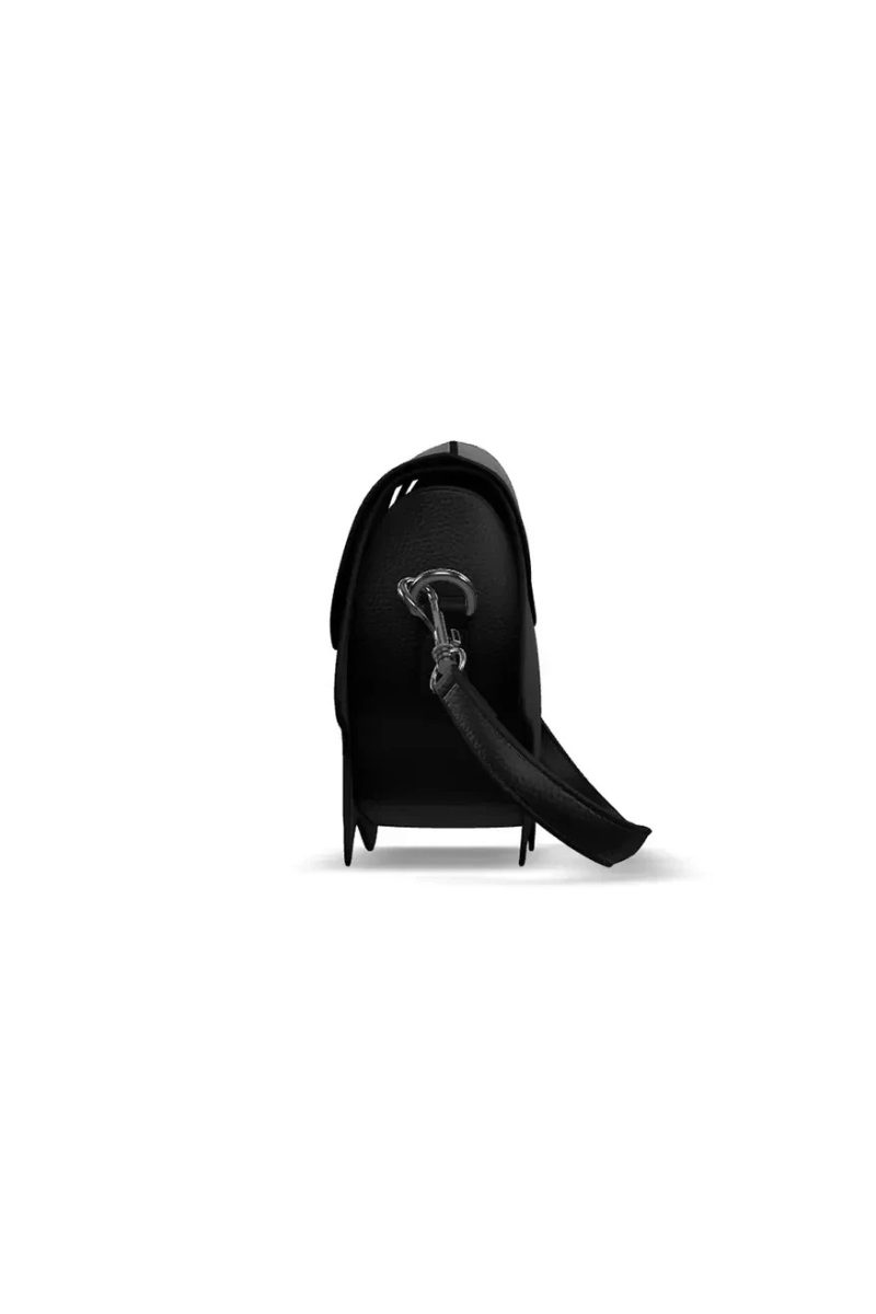 Black backpack with a design on a white background