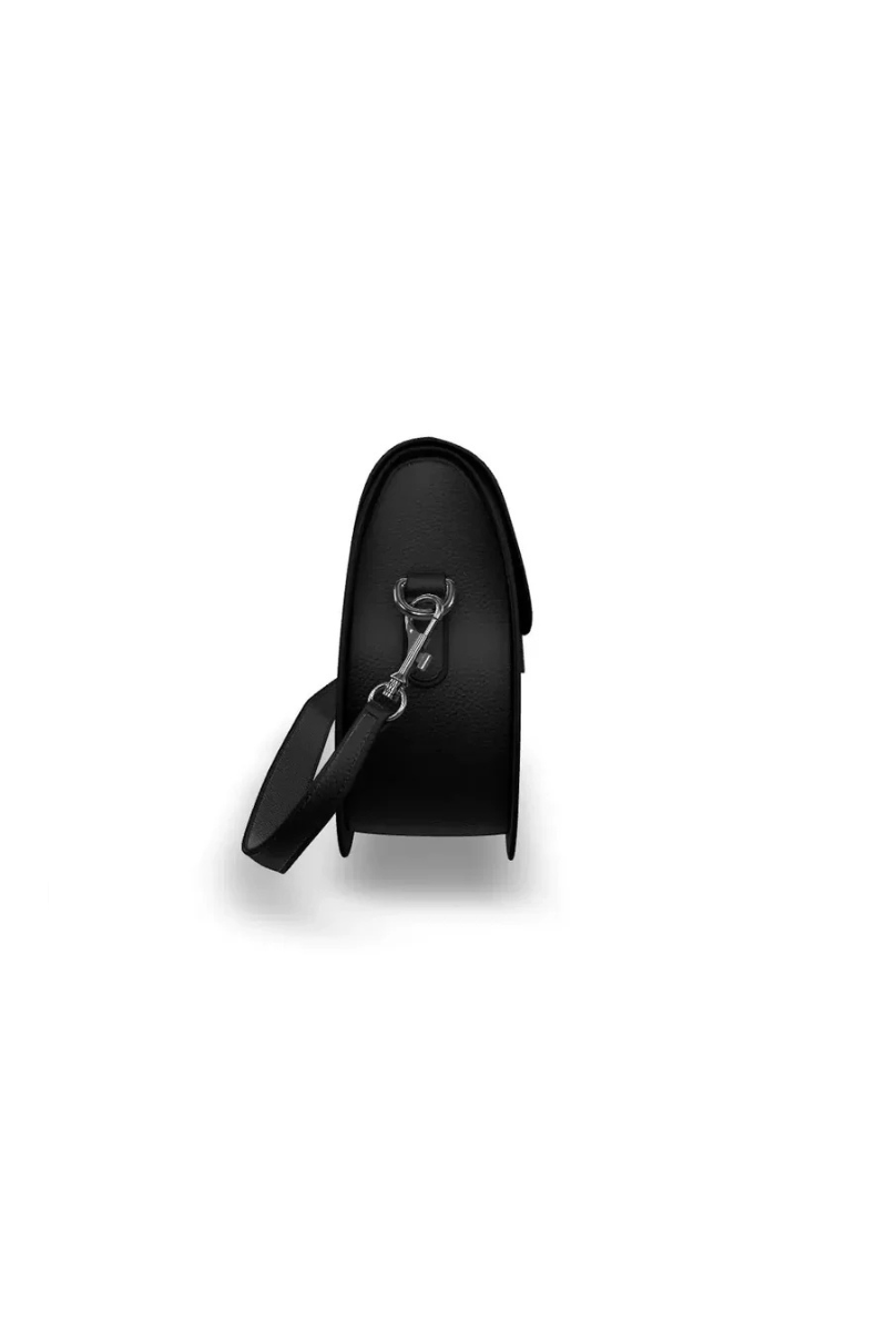 Black leather bag with a strap on a white background