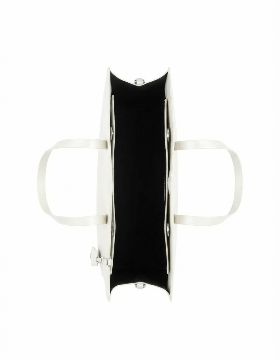 Top-down view of a structured white handbag with a black interior lining and white shoulder straps, shown on a plain white background.