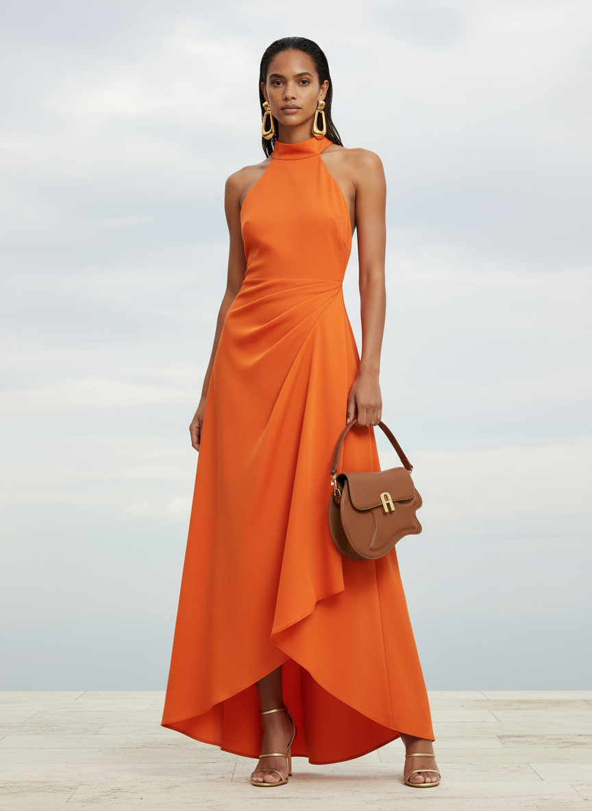 Woman wearing an orange dress holding a brown handbag against a light gray background