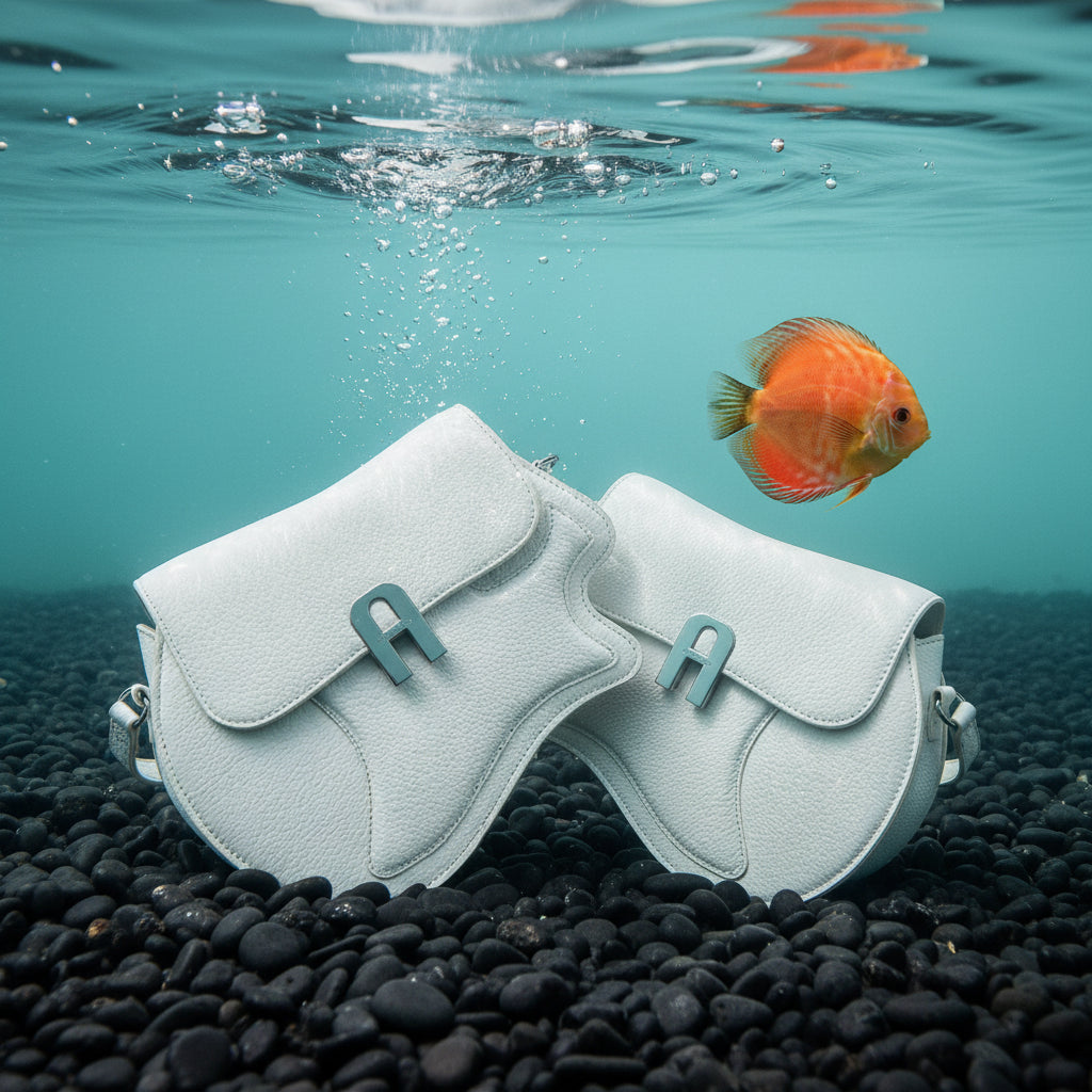 Two white handbags with a blue 'A' on a pebbly surface underwater, with a fish swimming nearby.