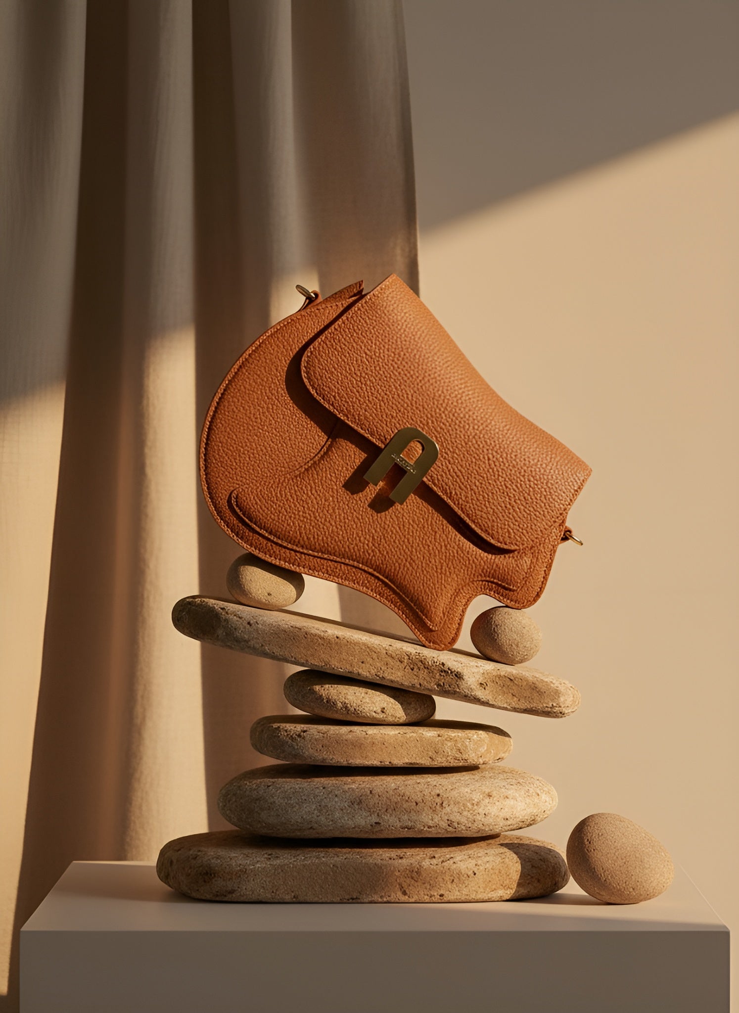 Brown leather bag balanced on a stack of stones against a neutral background
