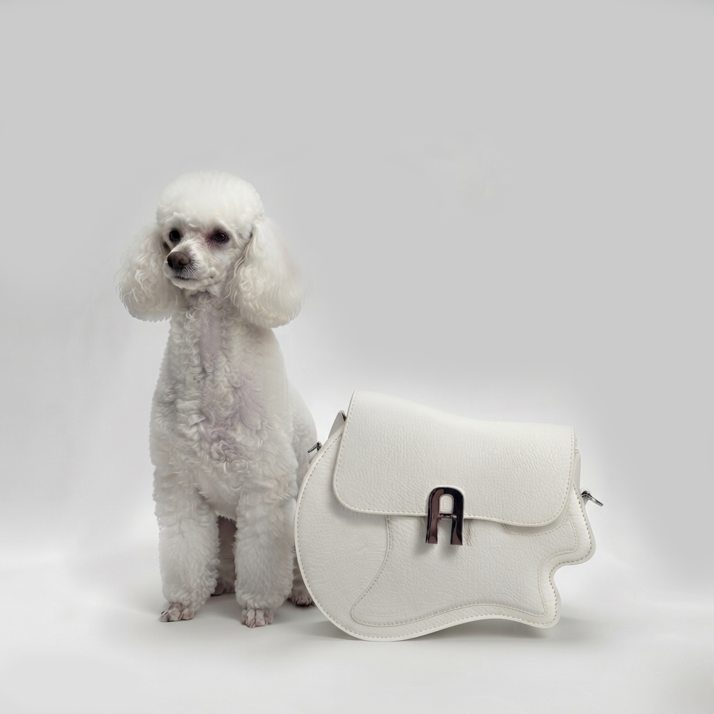 A small white poodle stands beside a white handbag with a large sculptural flap and a dark metal clasp, photographed on a clean light gray studio background.