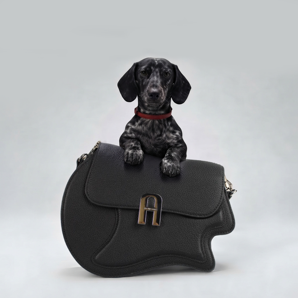 A black pebbled leather shoulder bag with a sculptural, asymmetrical flap and a gold-tone 'H' clasp, featuring a small black and white spotted dachshund dog figurine sitting on top, set against a light gray studio background.