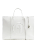 A white leather tote bag with a large embossed circular logo on the front, dual top handles, a side zipper, and a small silver padlock detail, shown against a plain white background.