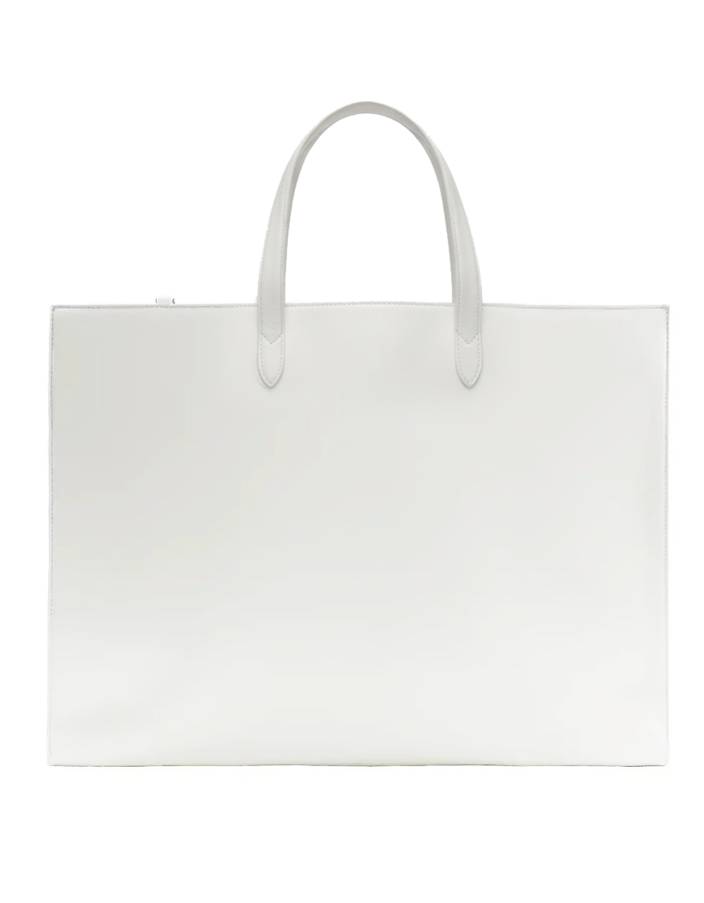 A minimalist white tote bag with two top handles, shown against a solid white background.