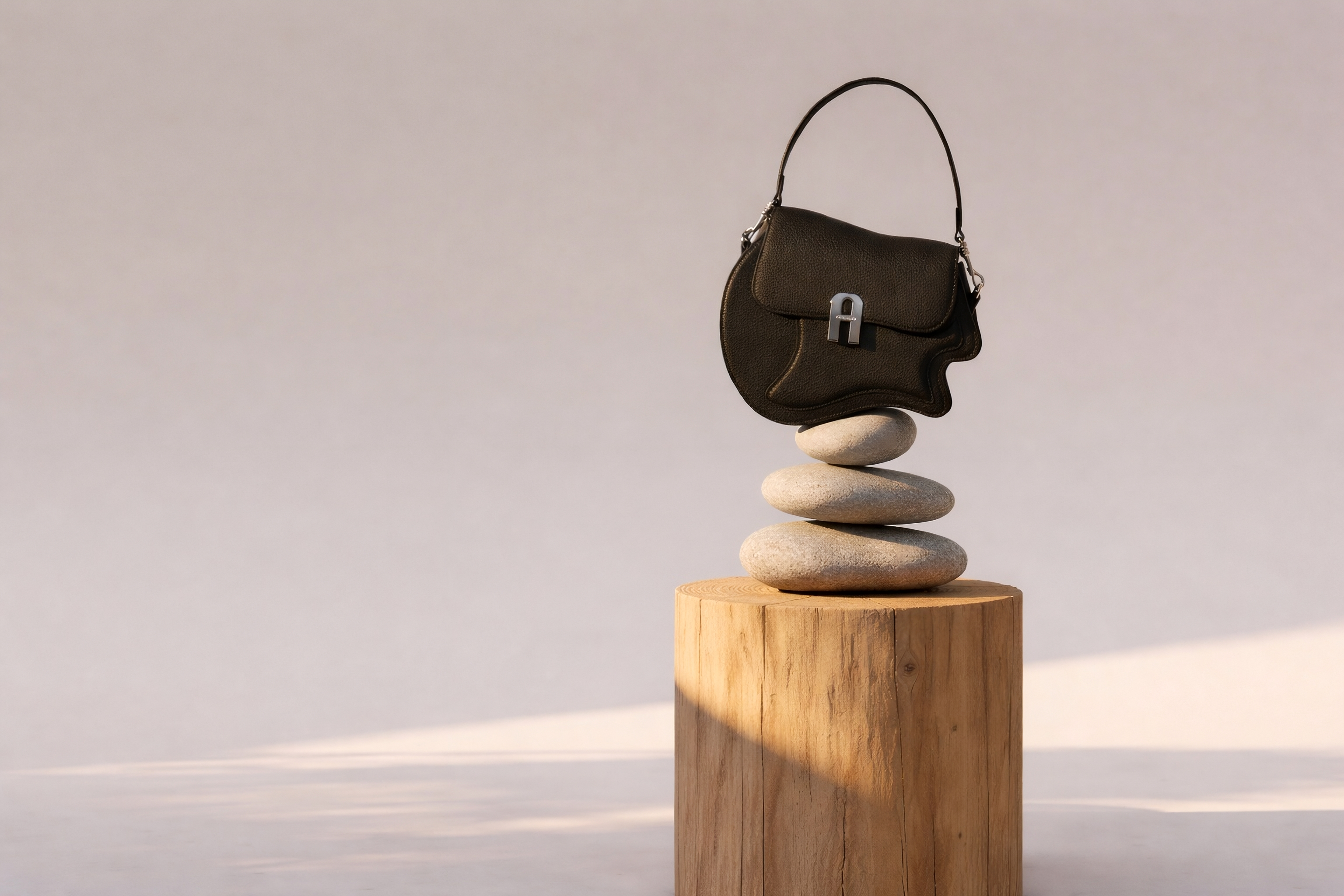 Black handbag balanced on stones on a wooden pedestal with a neutral background
